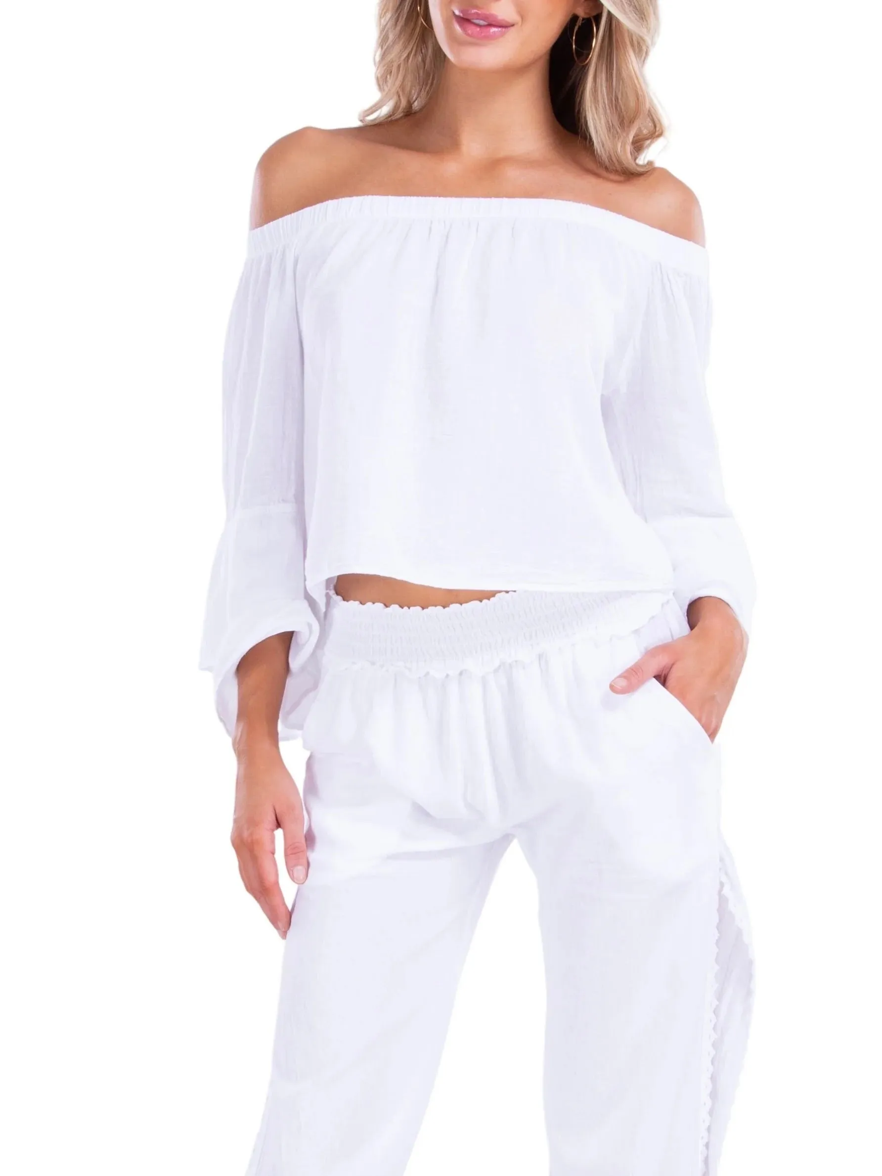 Off Shoulder Flare Sleeve Top - White FINAL SALE