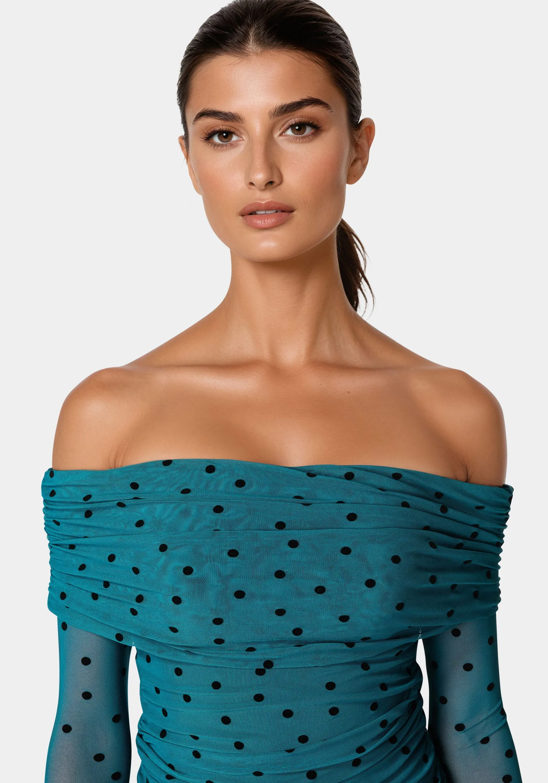 Off Shoulder Flocked Mesh Top