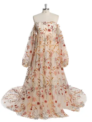 Off Shoulder Long Sleeve Embroidery Lace Colored Wedding Dress Photo Shoot Dress YW230320