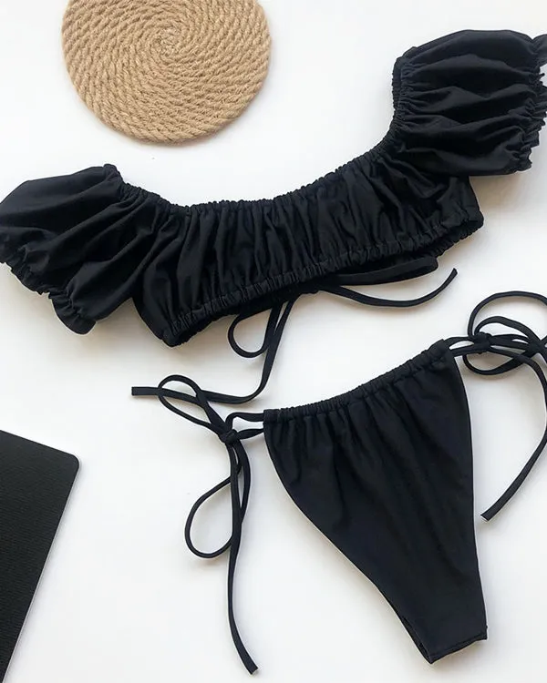 Off Shoulder Ruffled Tie Front Bikini Sets