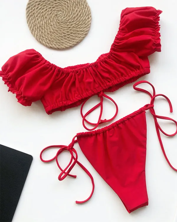 Off Shoulder Ruffled Tie Front Bikini Sets