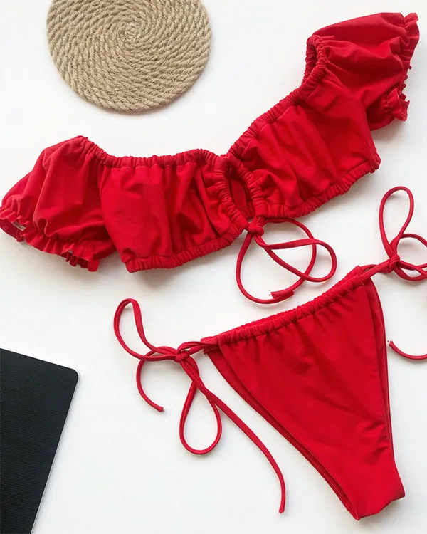 Off Shoulder Ruffled Tie Front Bikini Sets
