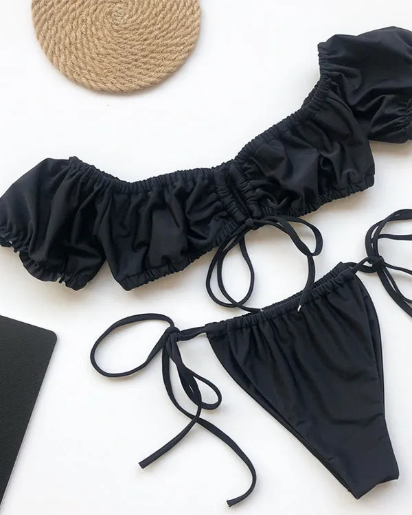 Off Shoulder Ruffled Tie Front Bikini Sets