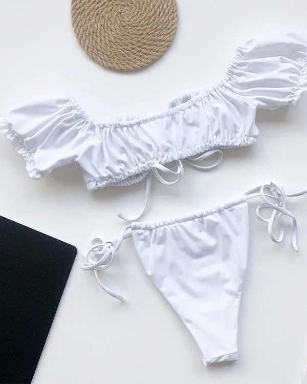 Off Shoulder Ruffled Tie Front Bikini Sets
