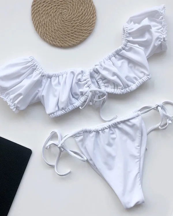 Off Shoulder Ruffled Tie Front Bikini Sets