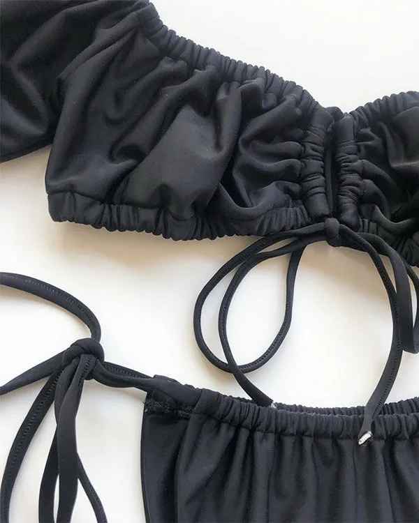 Off Shoulder Ruffled Tie Front Bikini Sets