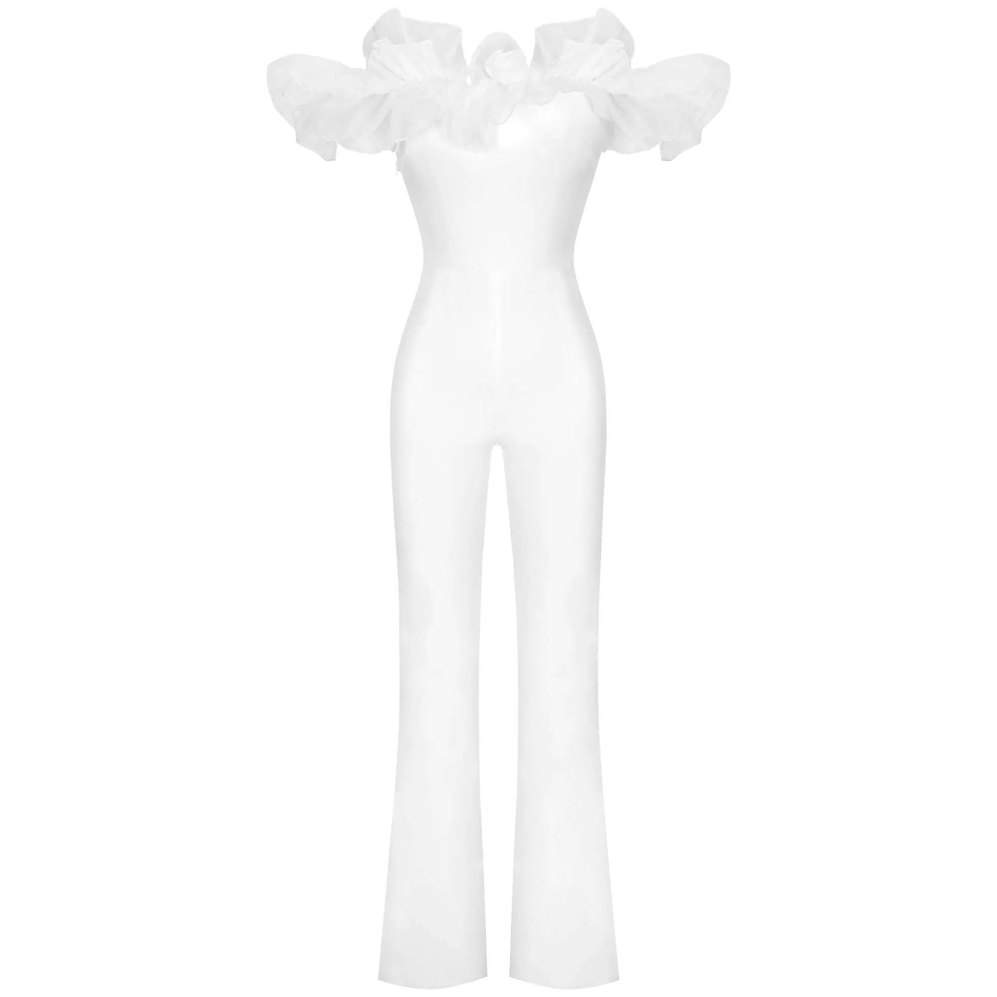 Off Shoulder Short Sleeve Frill Bandage Jumpsuit