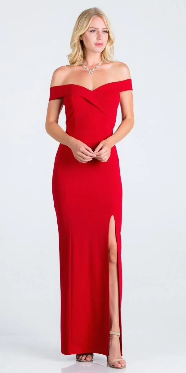 Off-the-Shoulder Long Fitted Dress with Slit by La Scala 25078