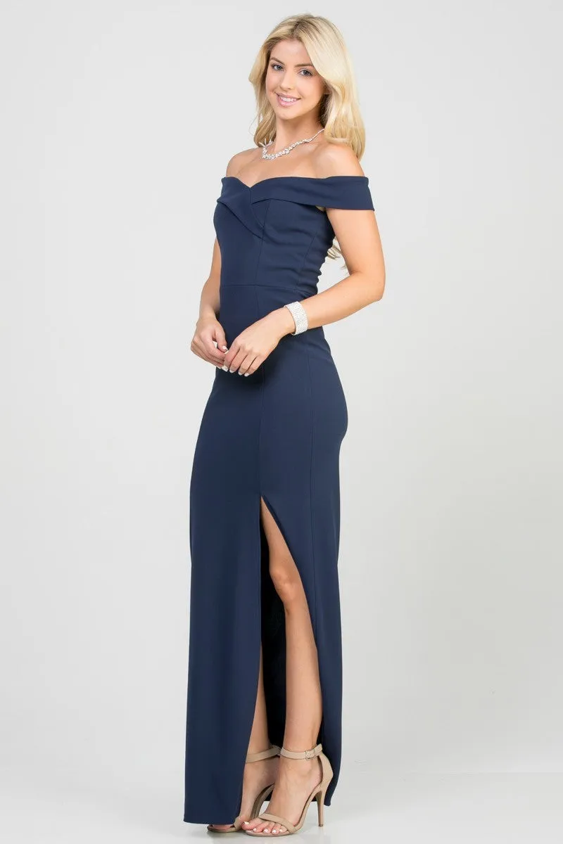 Off-the-Shoulder Long Fitted Dress with Slit by La Scala 25078