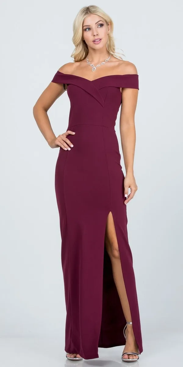 Off-the-Shoulder Long Fitted Dress with Slit by La Scala 25078