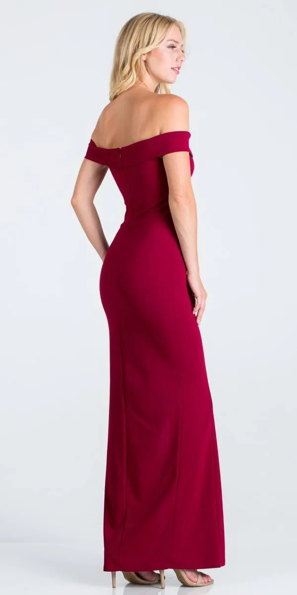 Off-the-Shoulder Long Fitted Dress with Slit by La Scala 25078