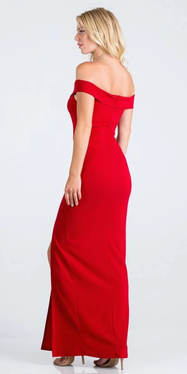Off-the-Shoulder Long Fitted Dress with Slit by La Scala 25078