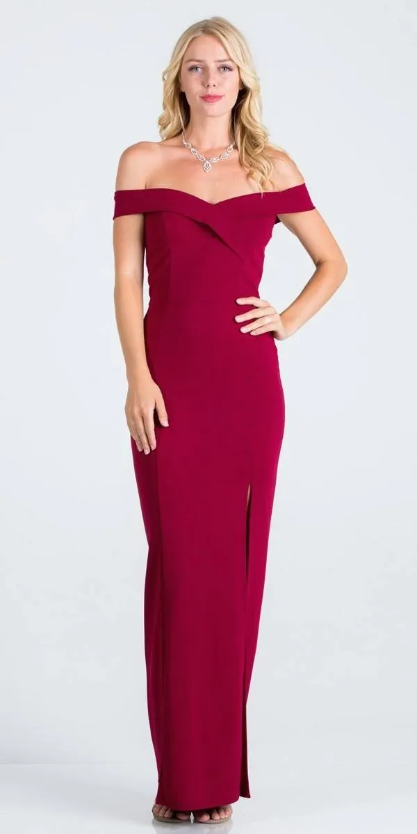 Off-the-Shoulder Long Fitted Dress with Slit by La Scala 25078