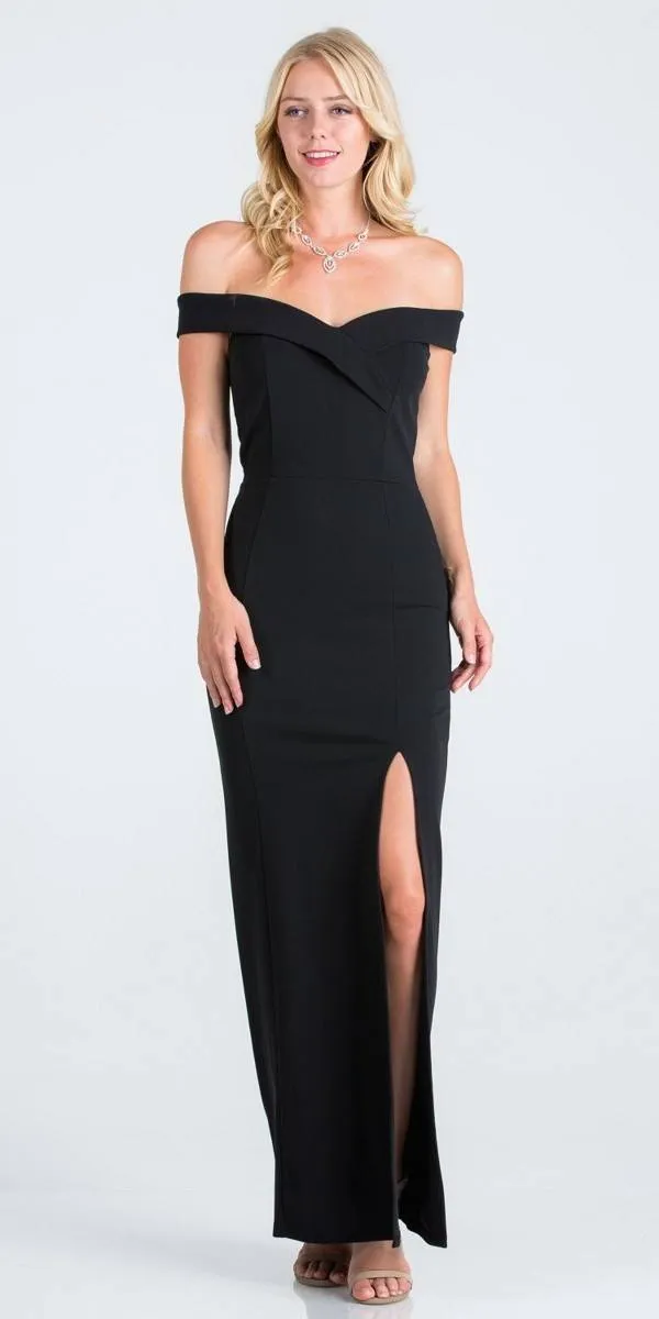 Off-the-Shoulder Long Fitted Dress with Slit by La Scala 25078