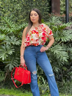 One Shoulder Floral Top