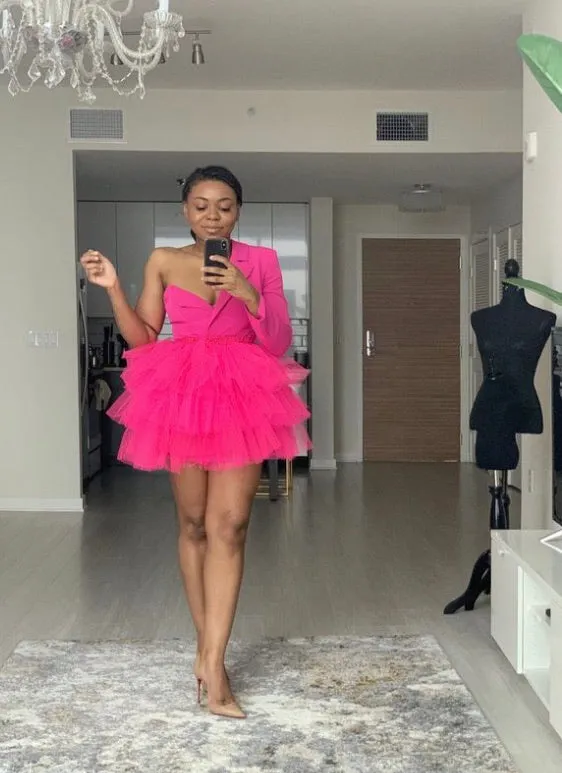 Oyemwen One Shoulder Mini Tutu Dress Hot Pink