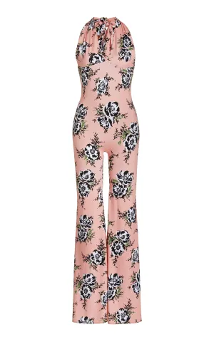 Peach Floral Stretch Halter Jumpsuit