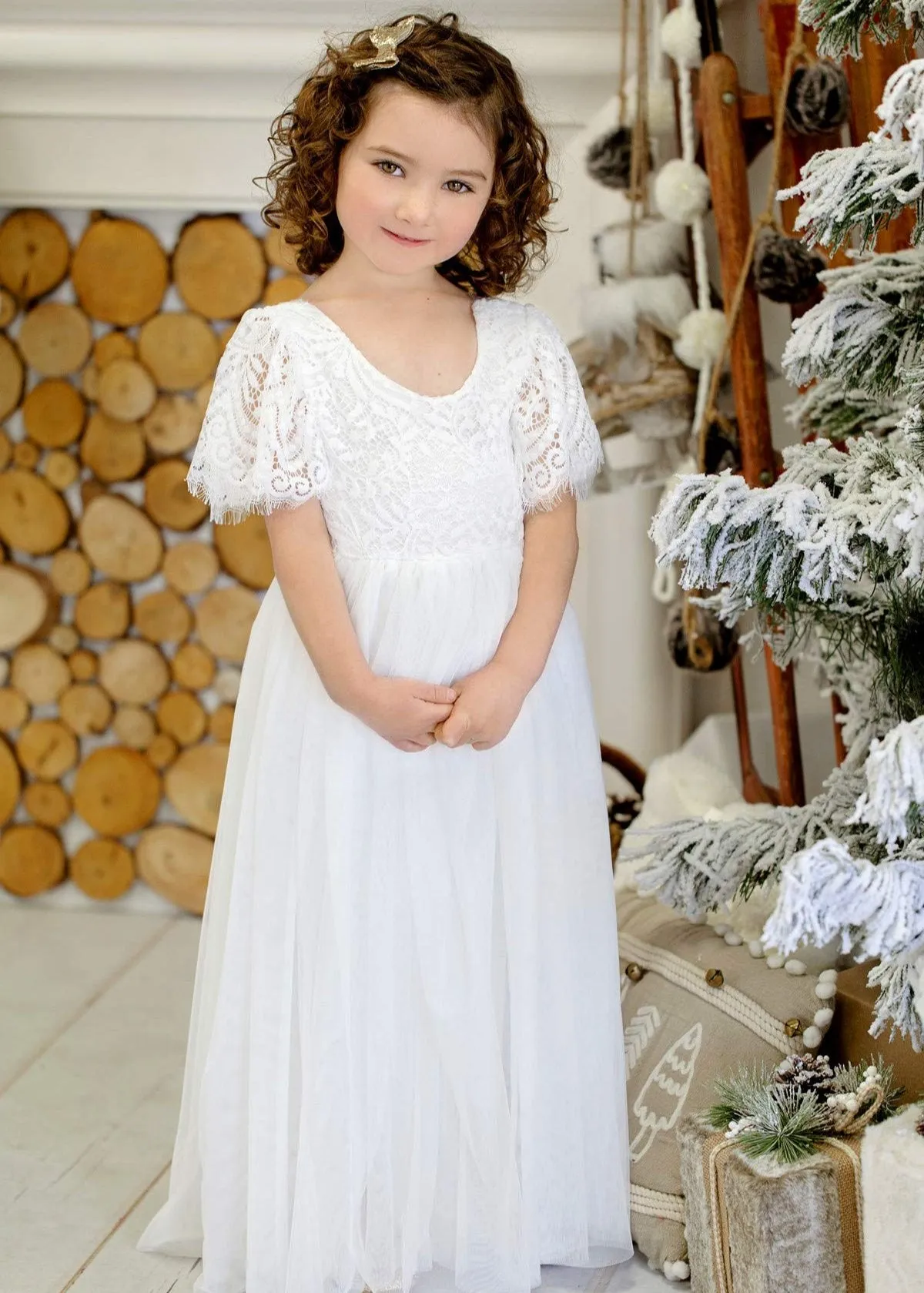 Peony Lace Flower Girl Dress in White
