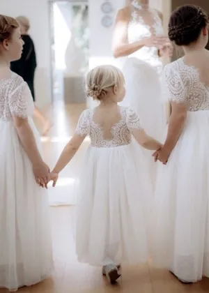 Peony Lace Flower Girl Dress in White