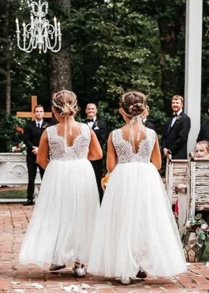 Peony Lace Flower Girl Dress in White