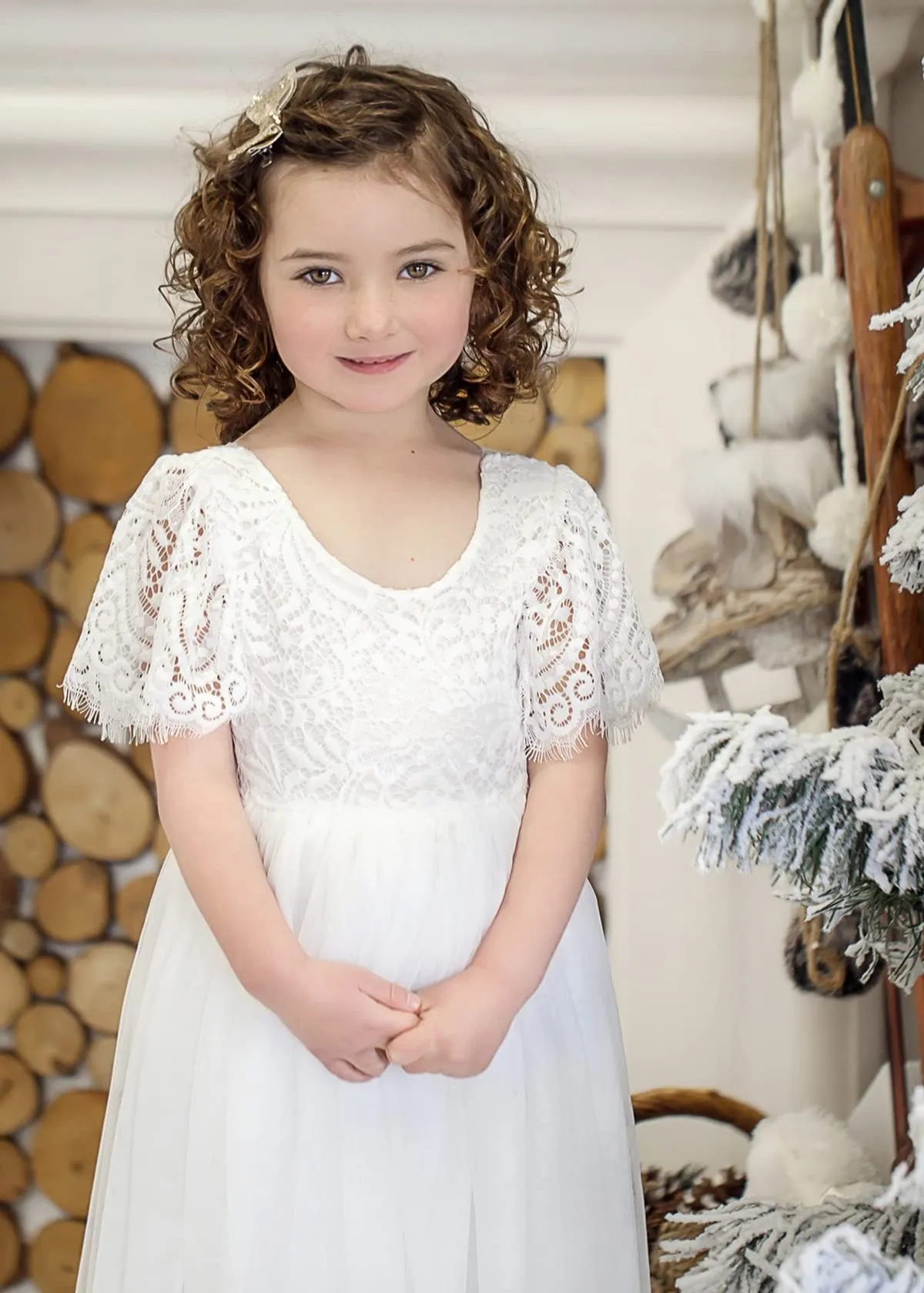 Peony Lace Flower Girl Dress in White