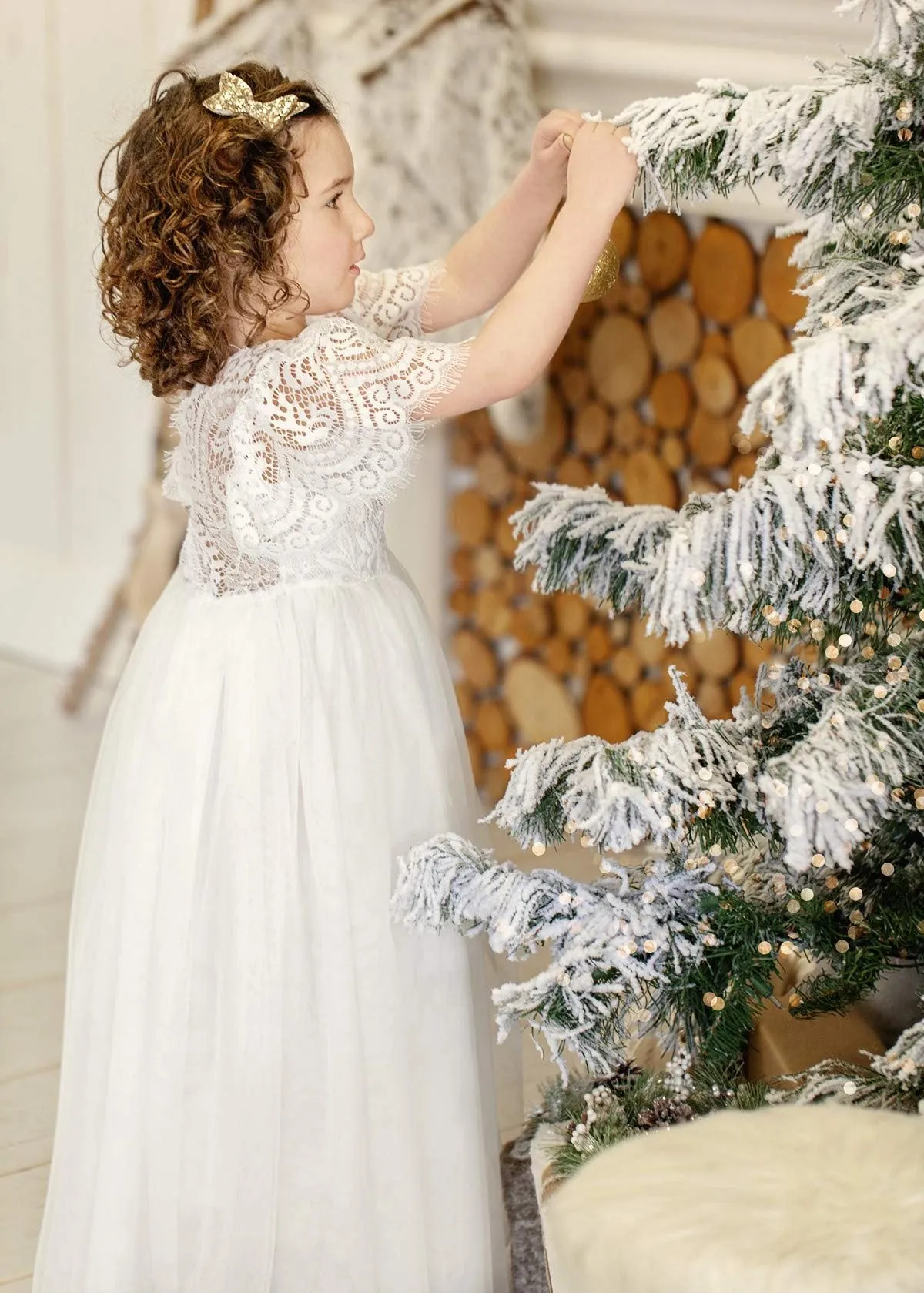 Peony Lace Flower Girl Dress in White