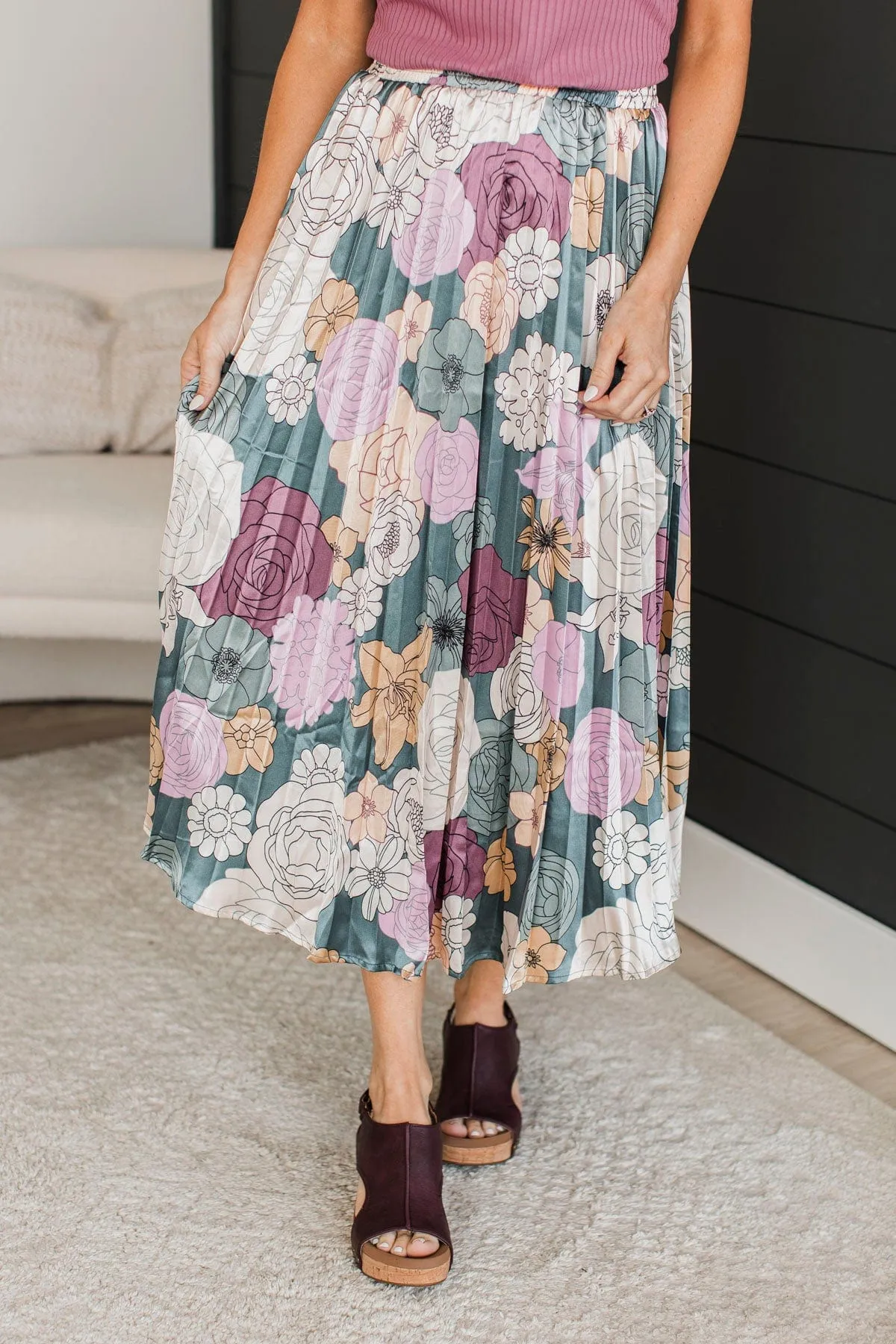 Perfect Like You Pleated Floral Skirt- Teal
