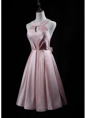 Pink Cute Short Satin Halter Homecoming Dress with Bow, Pink Prom Dress
