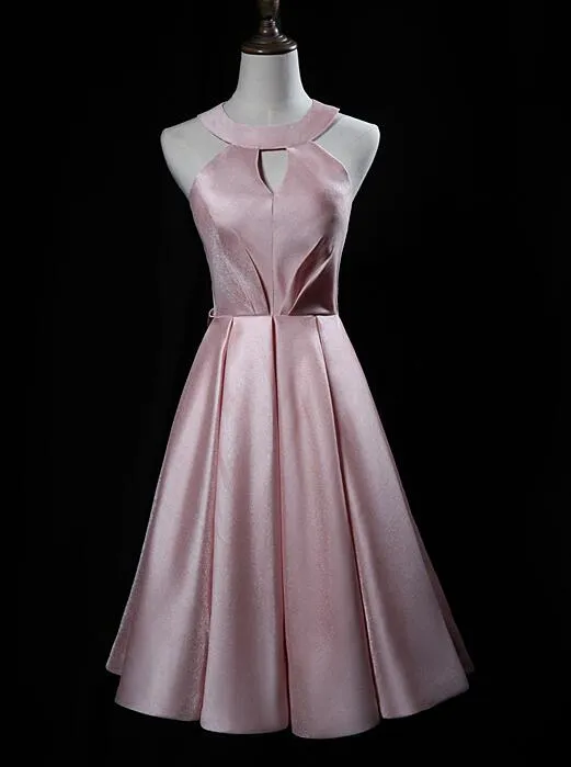 Pink Cute Short Satin Halter Homecoming Dress with Bow, Pink Prom Dress