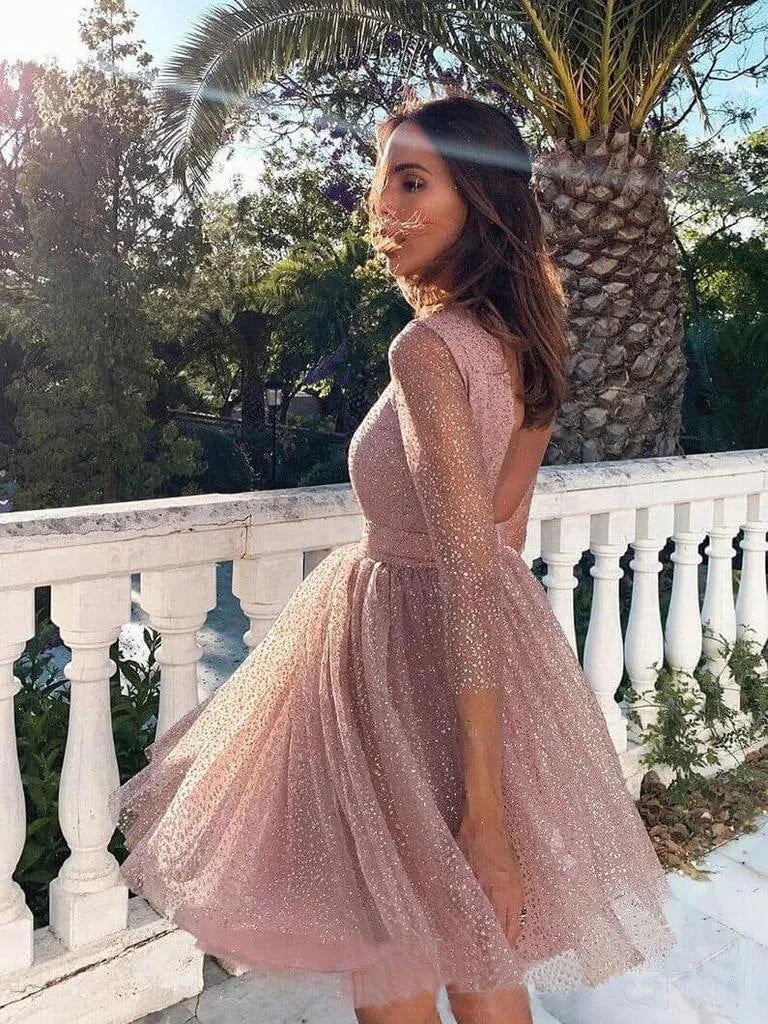 Pink Sequins Long Sleeve Short Homecoming Dress Backless Formal Dress OKO7