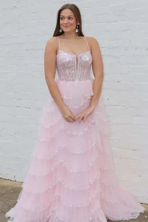 Pink Tulle A-line Spaghetti Straps Plunging Neck Lace Prom Dresses, MP955