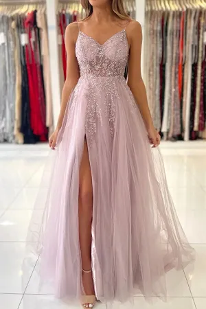 Pink Tulle A-line V-neck Beaded Prom Dresses With Slit, Evening Gowns, MP729