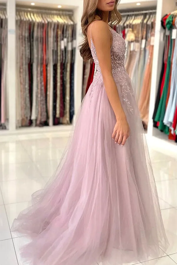 Pink Tulle A-line V-neck Beaded Prom Dresses With Slit, Evening Gowns, MP729