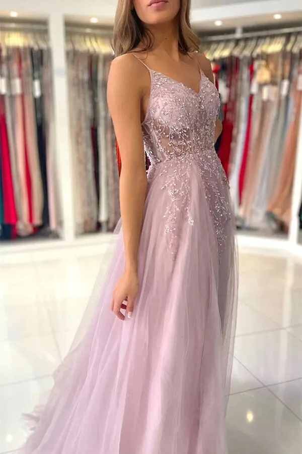 Pink Tulle A-line V-neck Beaded Prom Dresses With Slit, Evening Gowns, MP729