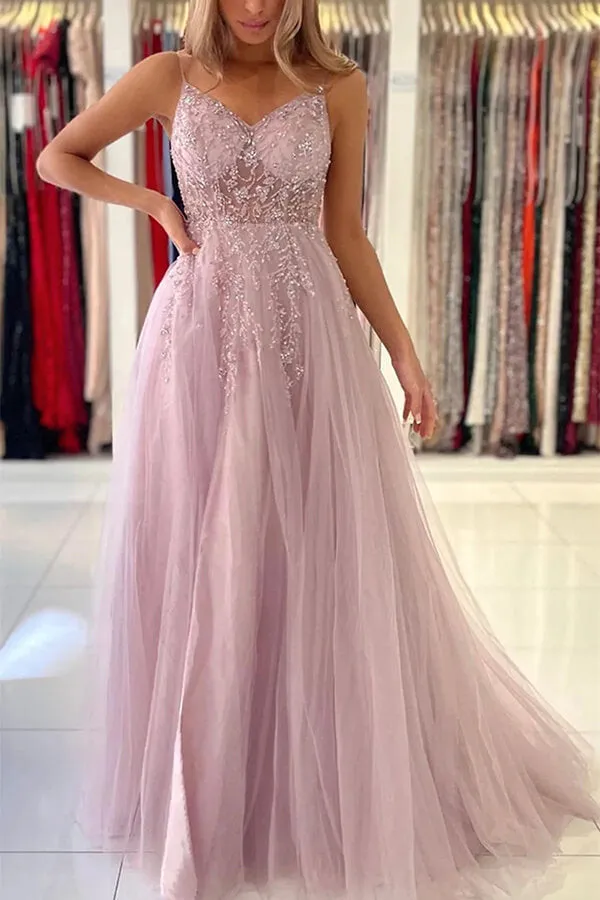 Pink Tulle A-line V-neck Beaded Prom Dresses With Slit, Evening Gowns, MP729