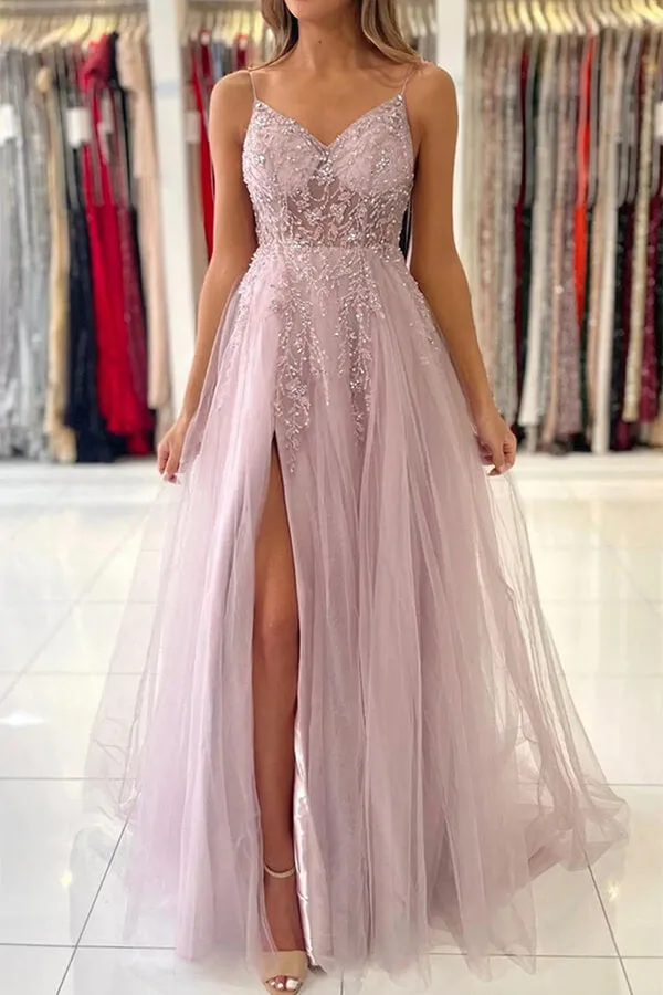 Pink Tulle A-line V-neck Beaded Prom Dresses With Slit, Evening Gowns, MP729