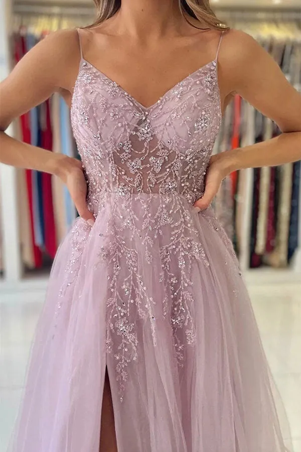 Pink Tulle A-line V-neck Beaded Prom Dresses With Slit, Evening Gowns, MP729