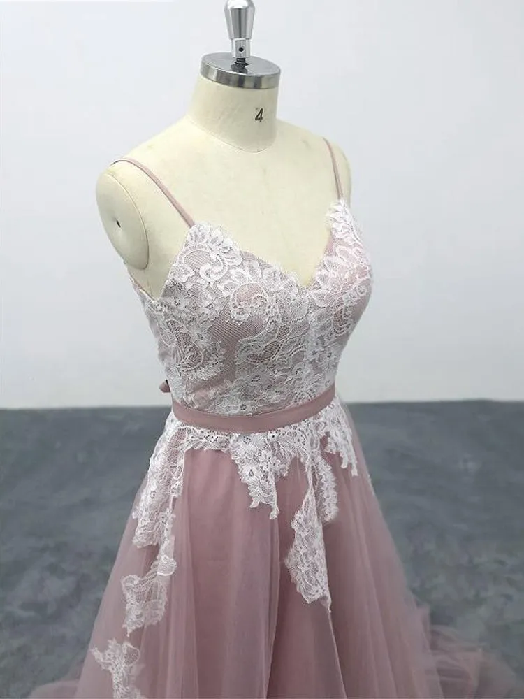 Pink Tulle V-Neck Spaghetti Straps Bridal Gown, Floor-Length A-line Wedding Party Dress Formal Dress
