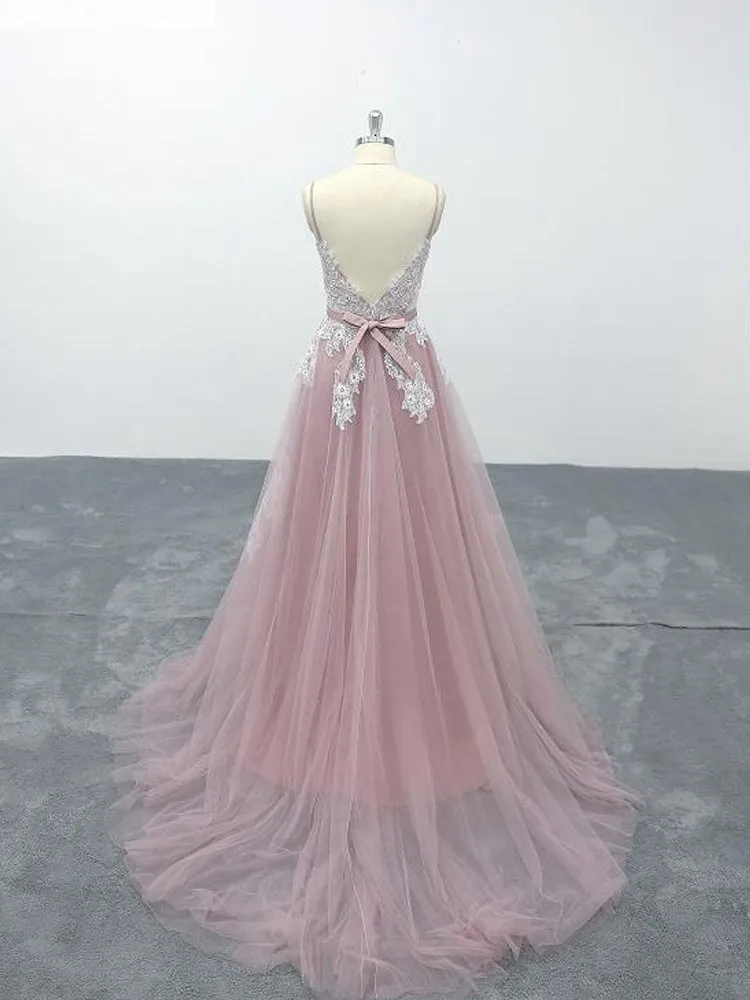 Pink Tulle V-Neck Spaghetti Straps Bridal Gown, Floor-Length A-line Wedding Party Dress Formal Dress