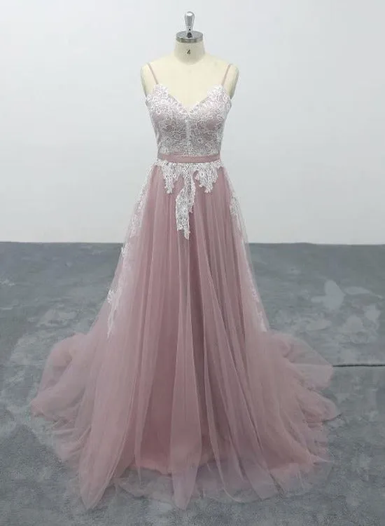 Pink Tulle V-Neck Spaghetti Straps Bridal Gown, Floor-Length A-line Wedding Party Dress Formal Dress