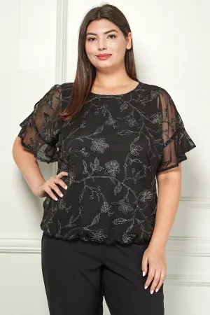 Plus Short Slit Ruffle Sleeve Bubble Top