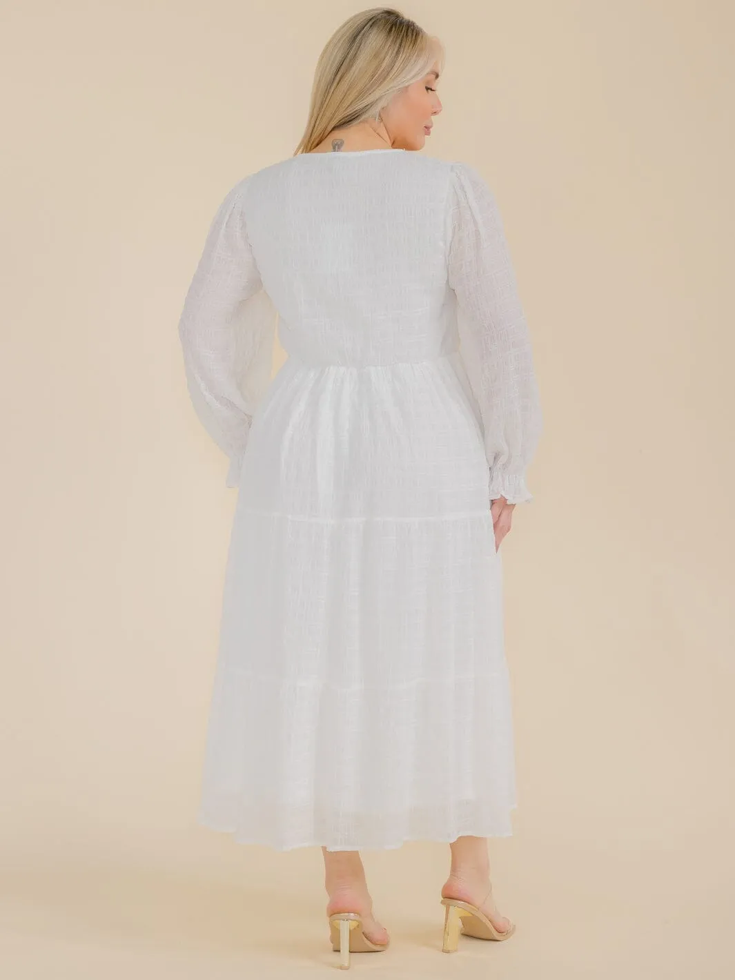 PLUS SIZE LONG SLEEVE SMOCK FRONT POCKETS MAXI DRESS
