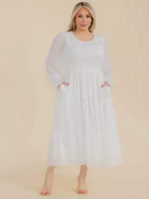 PLUS SIZE LONG SLEEVE SMOCK FRONT POCKETS MAXI DRESS