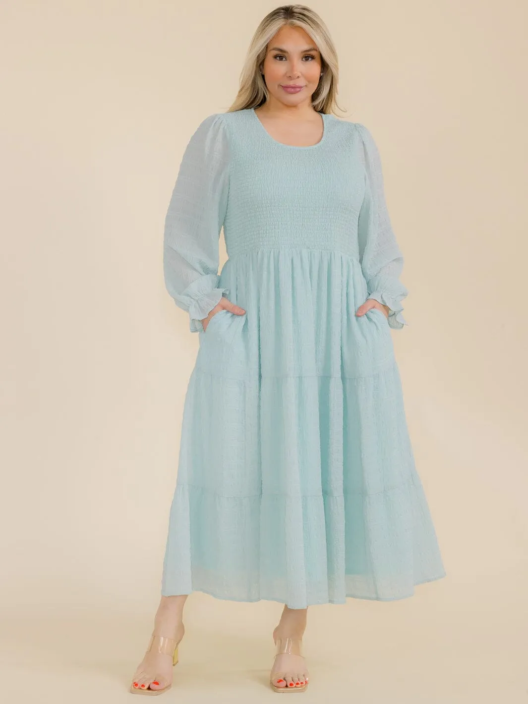PLUS SIZE LONG SLEEVE SMOCK FRONT POCKETS MAXI DRESS