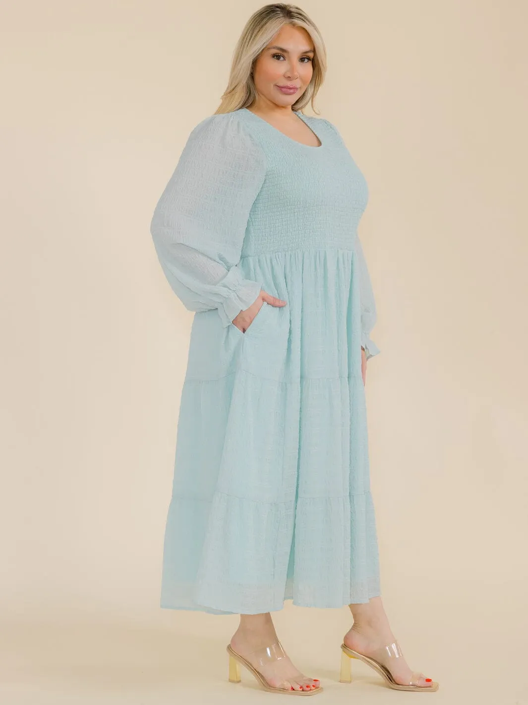 PLUS SIZE LONG SLEEVE SMOCK FRONT POCKETS MAXI DRESS