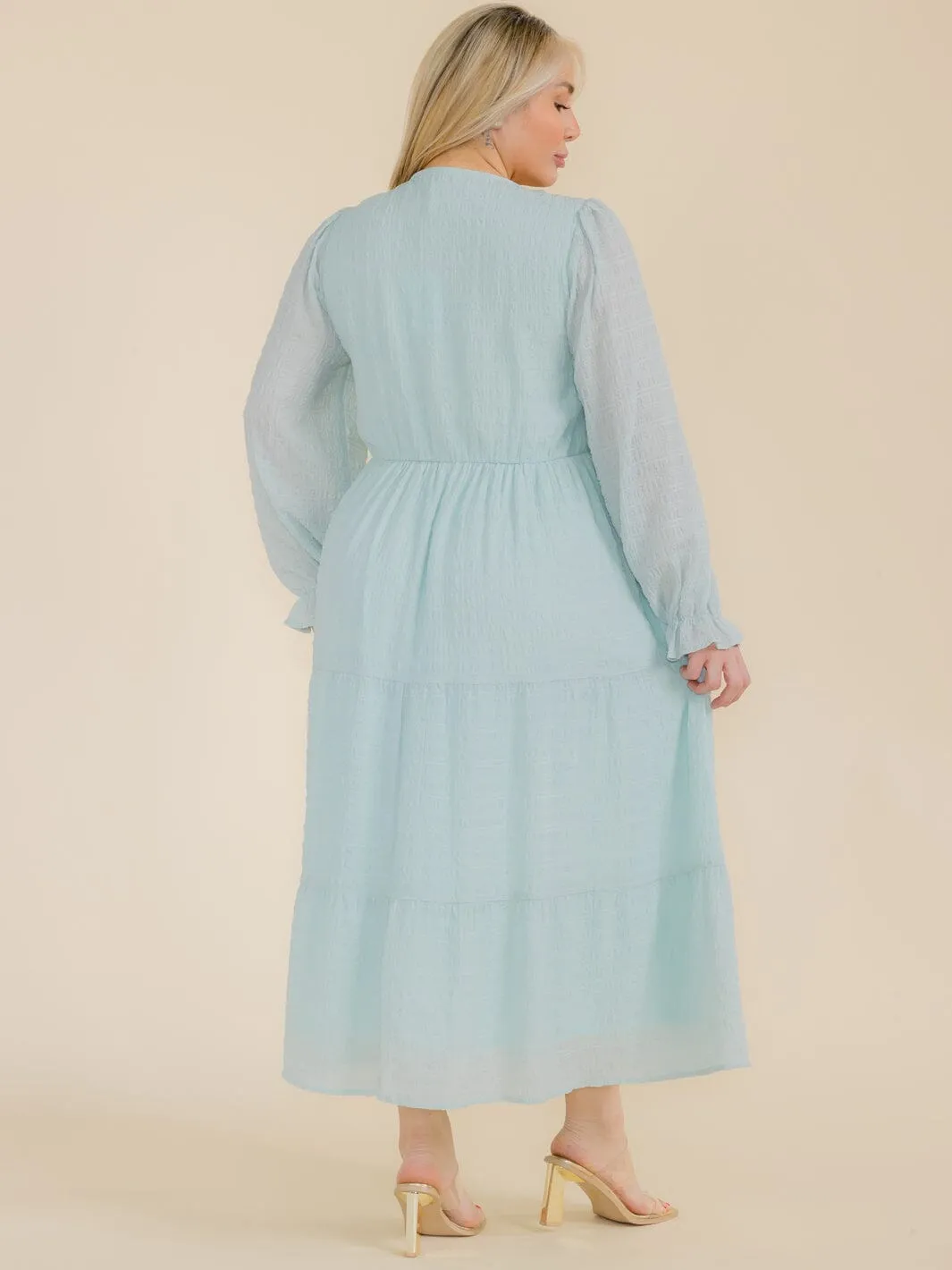 PLUS SIZE LONG SLEEVE SMOCK FRONT POCKETS MAXI DRESS