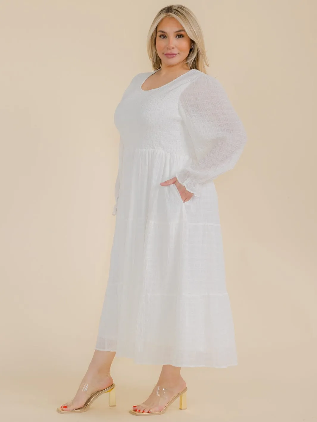 PLUS SIZE LONG SLEEVE SMOCK FRONT POCKETS MAXI DRESS