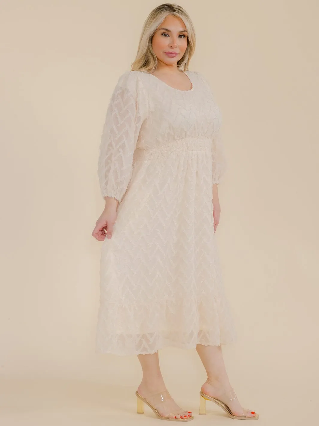 PLUS SIZE LONG SLEEVE SMOCK WAIST DETAILED MAXI DRESS