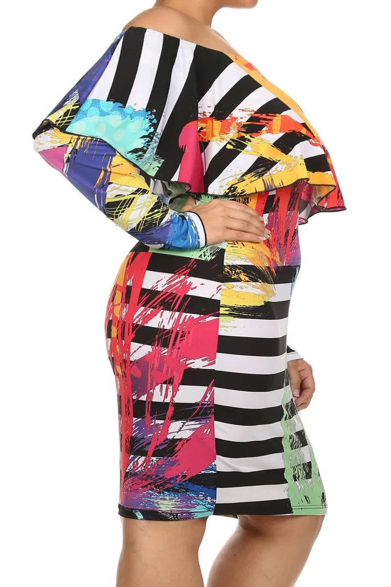 Plus Size Off Shoulder Abstract Stripe Dress