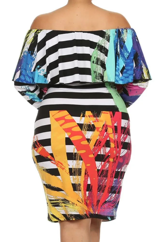 Plus Size Off Shoulder Abstract Stripe Dress
